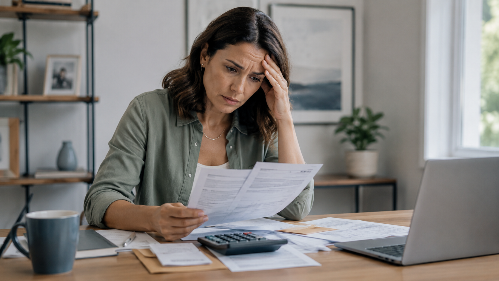 Woman reviewing an IRS notice at a desk with paperwork during a divorce.