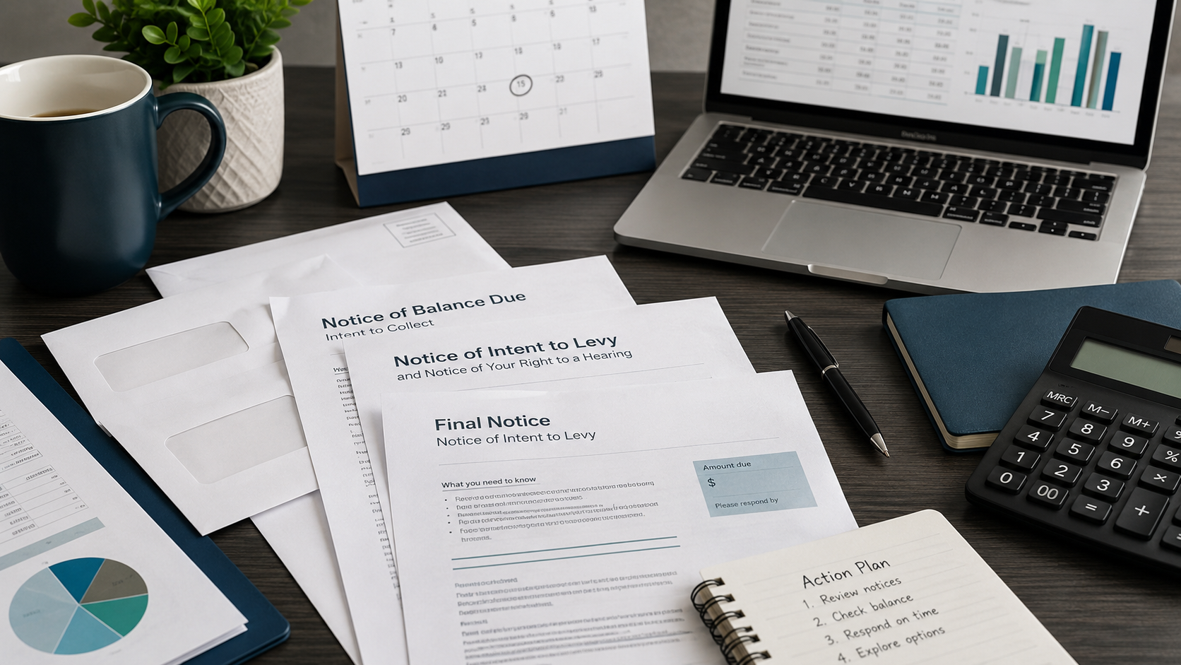 IRS collection letters and final notice documents on a desk with a calculator, calendar, and action plan.