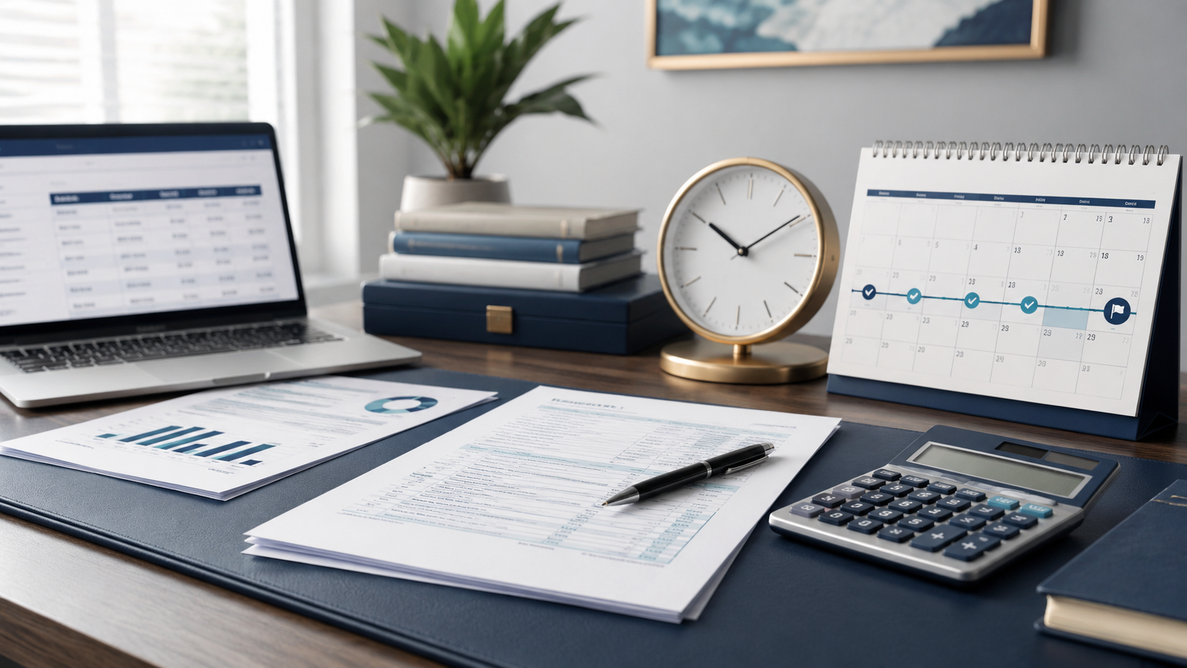Office workspace with tax documents, calculator, and financial tools representing IRS tax debt collection timelines.