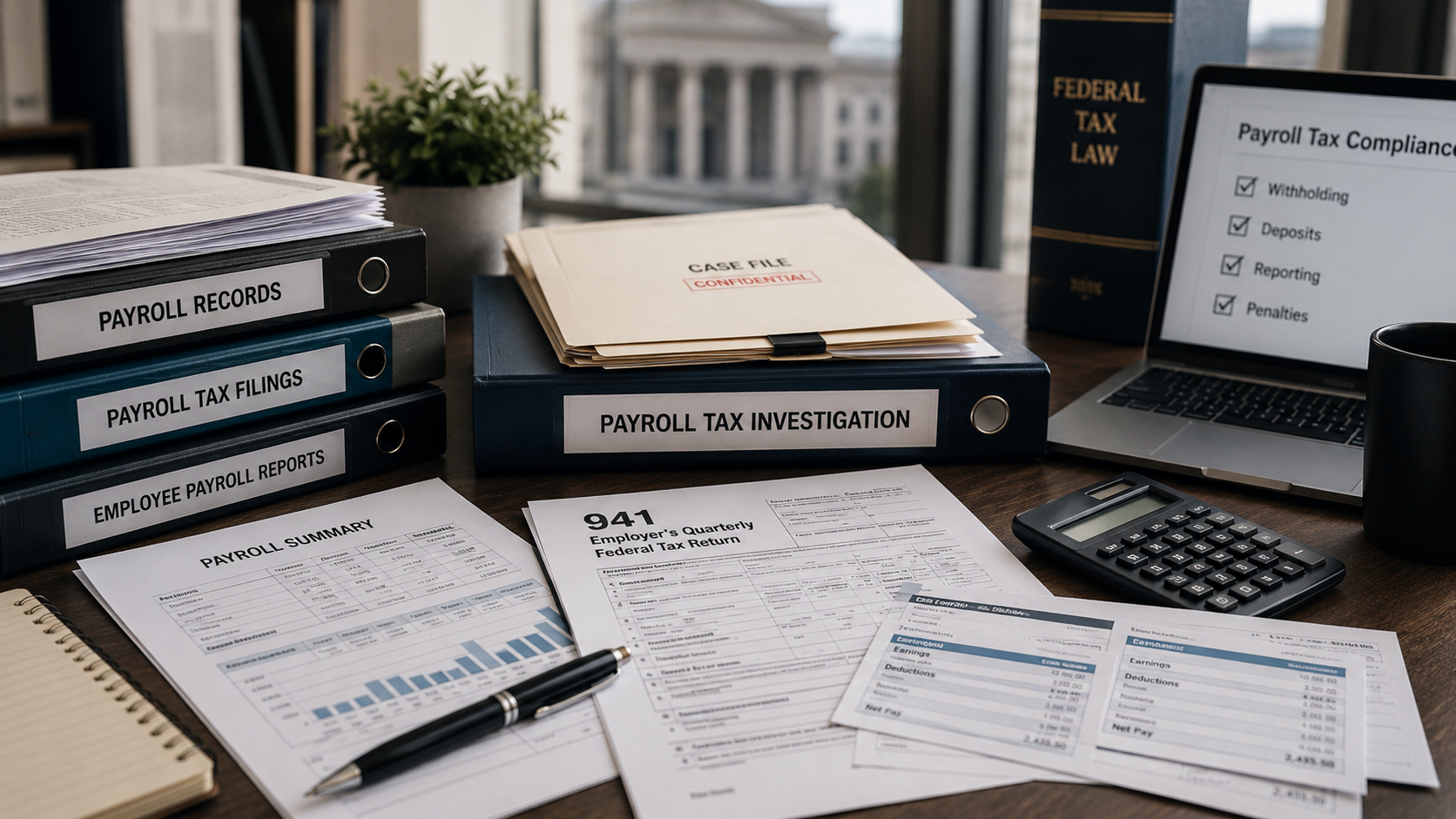 Payroll tax investigation files, Form 941 documents, and payroll records related to an Oregon payroll tax case.
