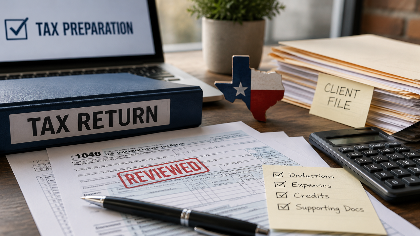 Tax return review documents and client files related to a Texas tax preparer case.