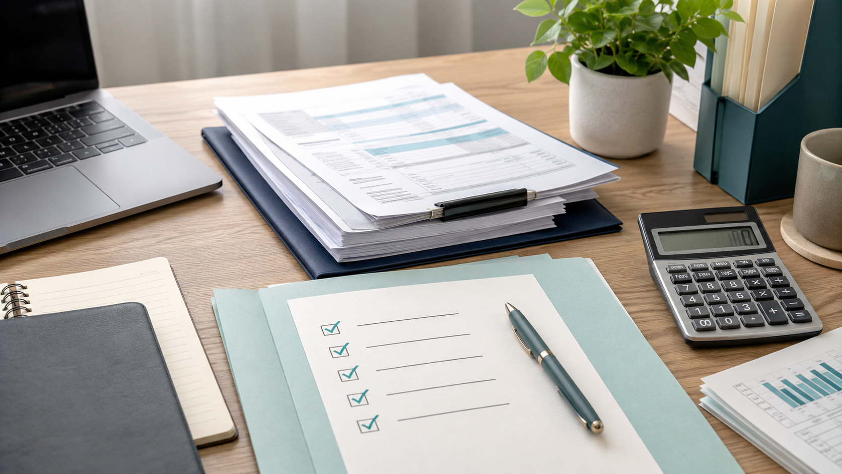 Organized tax paperwork, calculator, laptop, and checklist on a professional desk representing review of IRS penalty relief options.