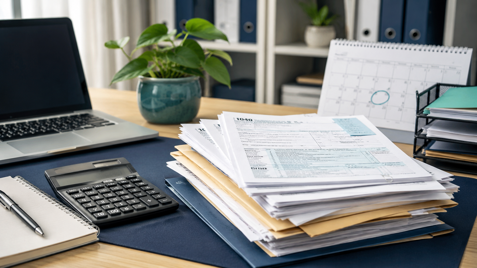 Stack of unfiled tax returns with a calculator, laptop, and calendar on an office desk.