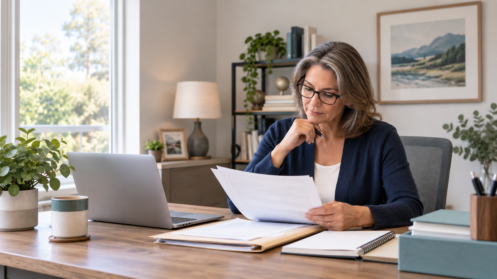 Person reviewing organized financial and estate documents at a desk after a family member’s death